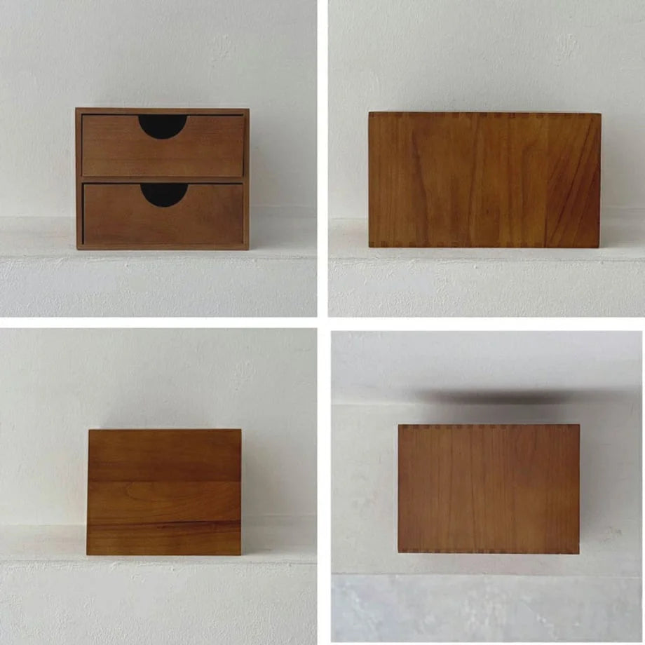A four-panel image showing the wooden organizer from the front, back, side, and top views. - RoomDen