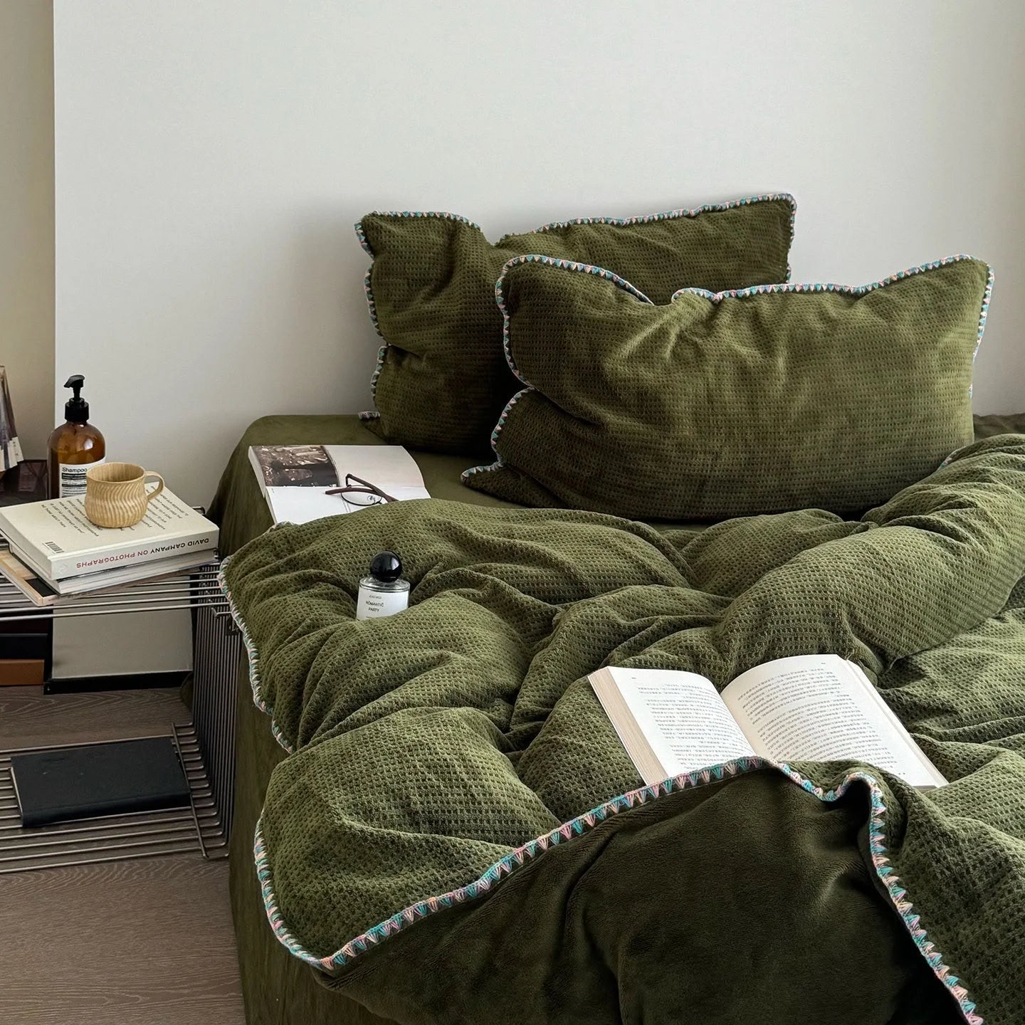 Olive Green Plush Waffle Fleece Bedding Set with Crochet Trim on a neatly made bed. - RoomDen