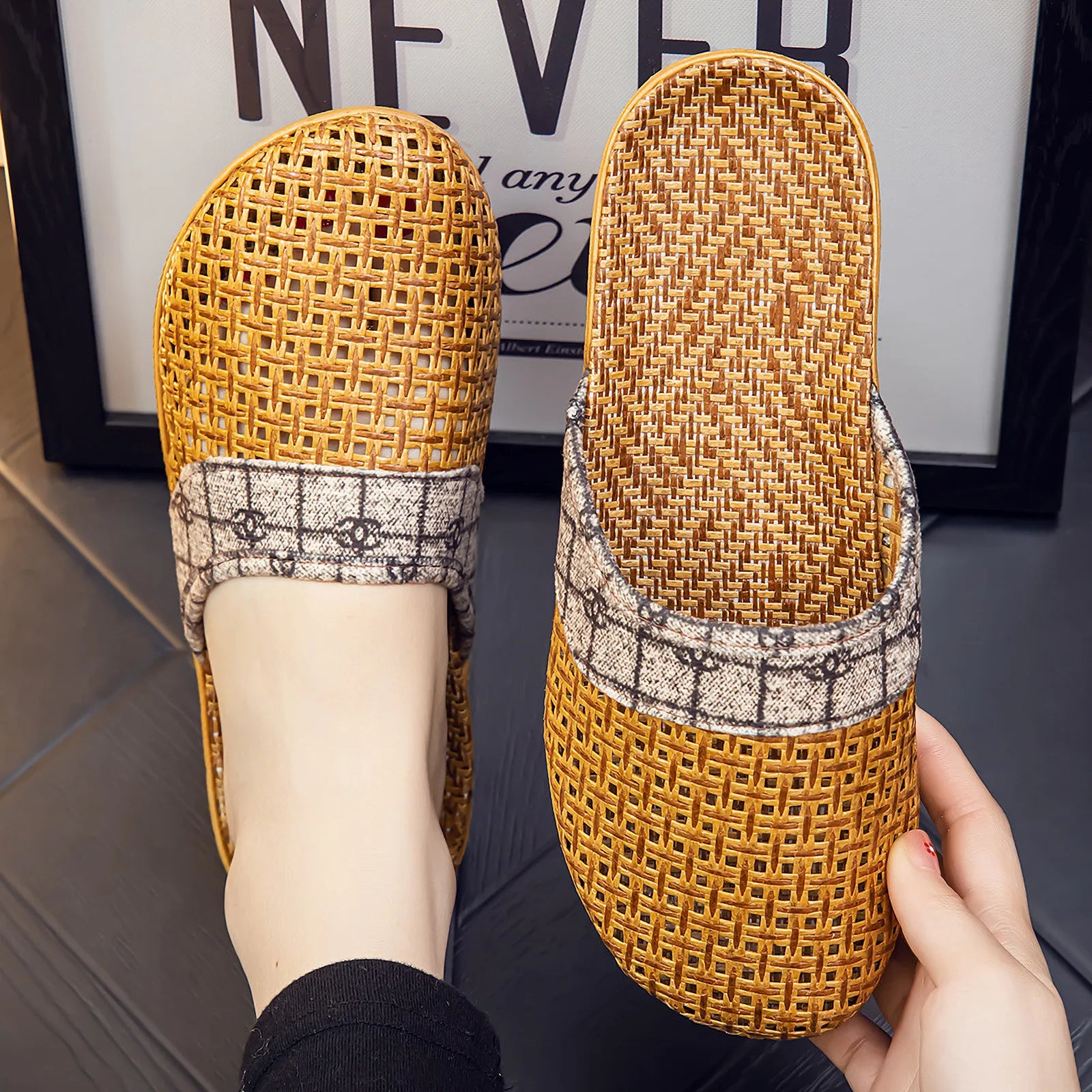 Single Cooling Plaid Natural Rattan House Slipper in grey colorway flat lay - RoomDen