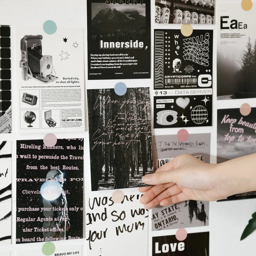 Close-up of a gallery wall created with the indie grunge wall collage kit, showing various black and white prints - RoomDen.