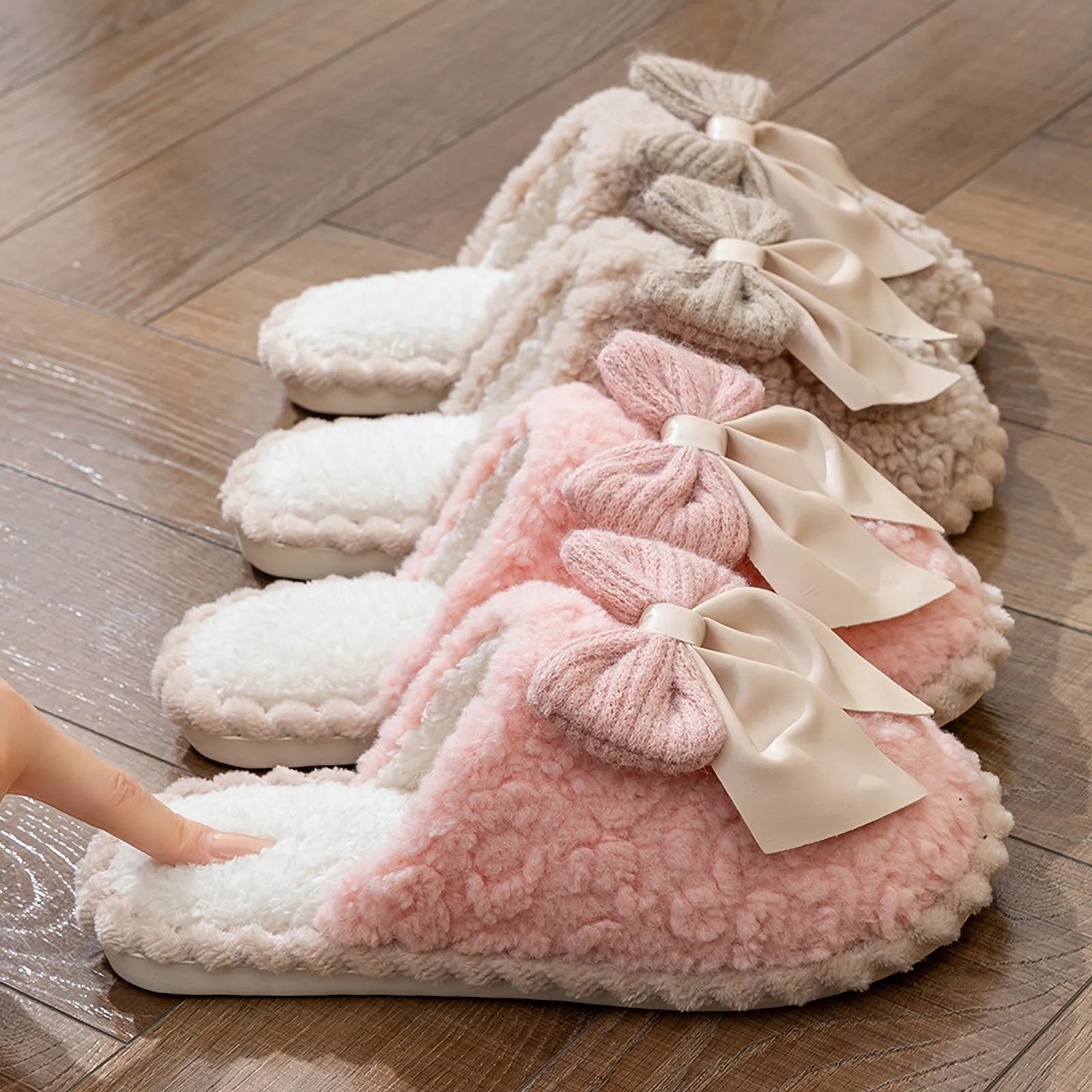 RoomDen Plush Textured Fleece House Slippers lineup in White Beige Pink and Green - RoomDen
