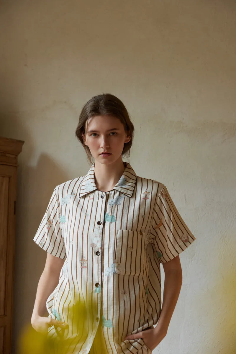 RoomDen Soft Whimsical Striped Double Gauze Pajama Set - Short Sleeve Front View