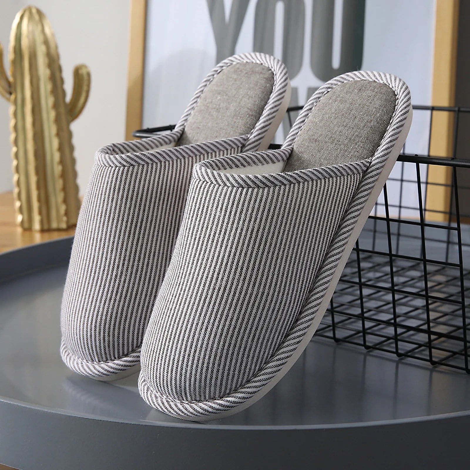 Grey Striped House Slippers showing breathable fabric texture and sole - RoomDen