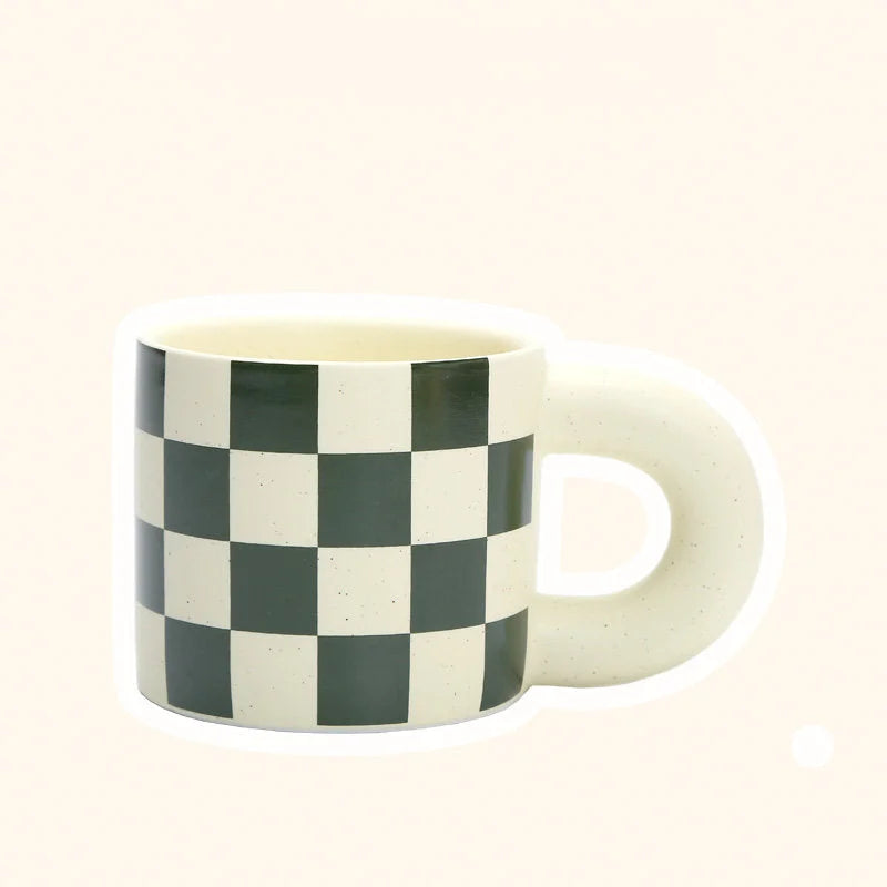Front view of the Green Checkered Ceramic Mug with a Puffy Handle. - RoomDen