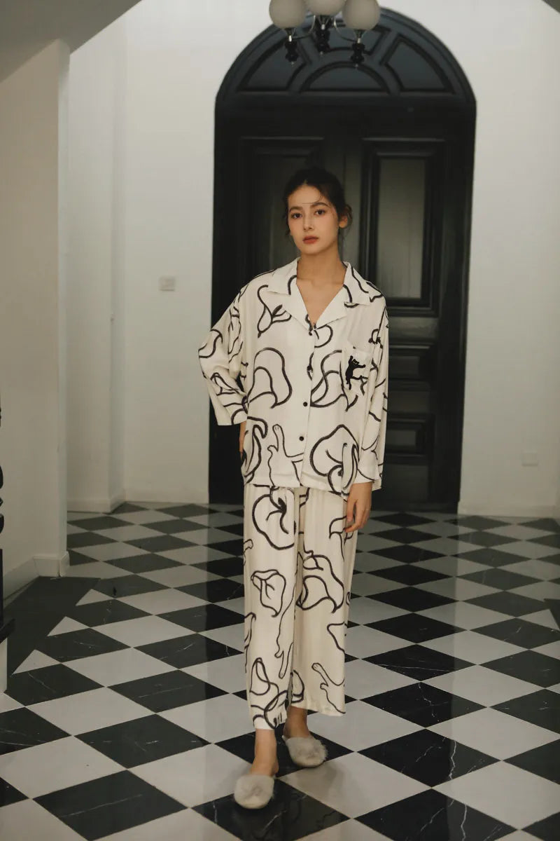 Full Length View of White Pajama Set with Black Art Lines