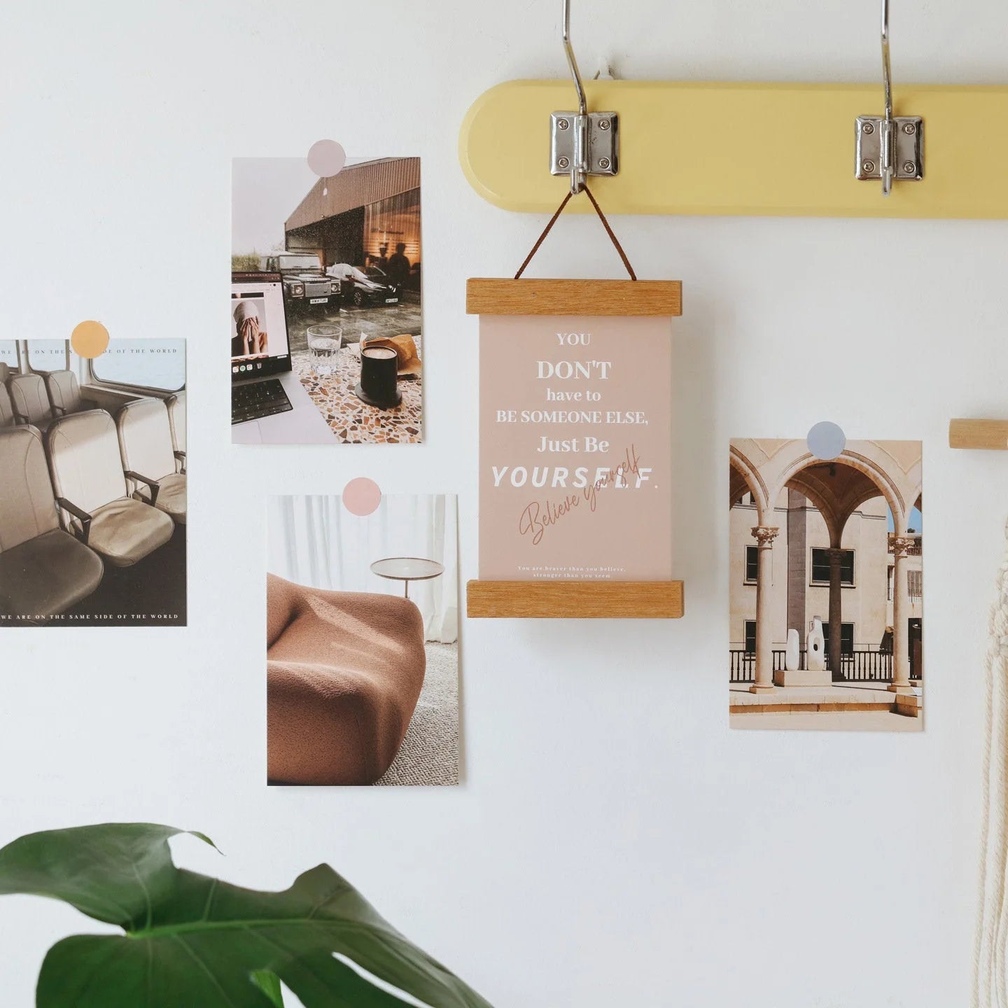 A curated wall collage kit with motivational quote "You Don't Have to Be Someone Else, Just Be Yourself" in a wooden hanger, surrounded by aesthetic photos. - RoomDen