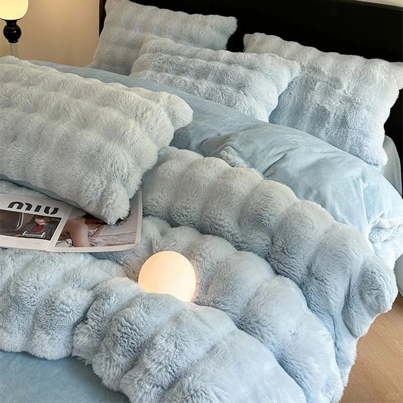 Angled shot showing the soft, ruched texture of the Sky Blue duvet cover and pillows. - RoomDen
