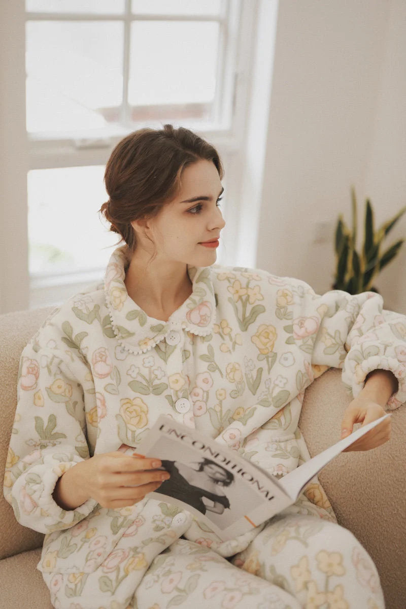 RoomDen Plush Floral Flannel Fleece Pajama - Woman reading magazine on sofa