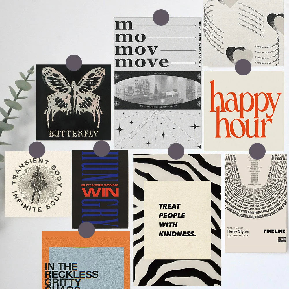 Close-up of the Indie Aesthetic Wall Collage Kit featuring butterfly, typography, and zebra print posters pinned to a wall - RoomDen