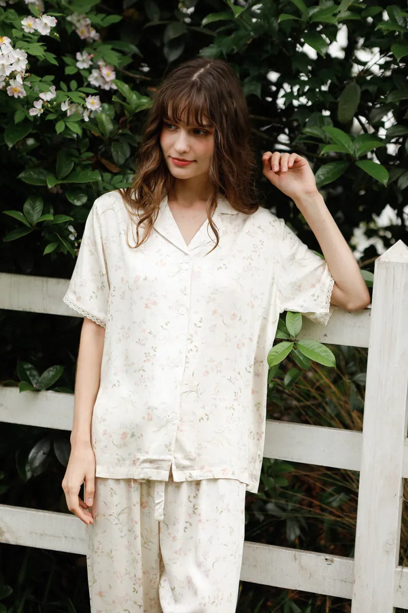 Short Sleeve Button Down Pajama Top with Dainty Flower Print - RoomDen