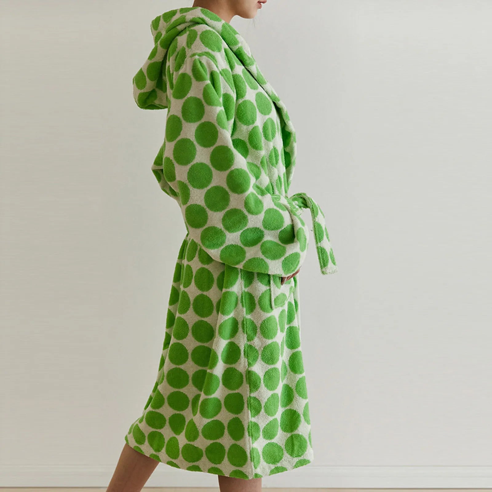 Side profile view of hooded Green Polka Dot Cotton Robe with waist belt tie - RoomDen