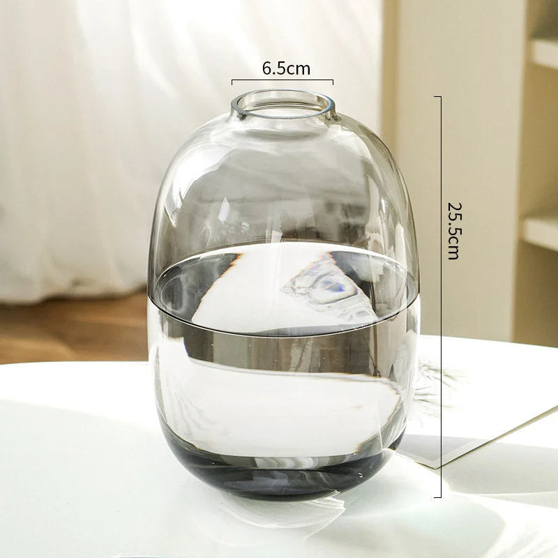 Close-up of the medium-sized smoky grey tinted glass vase showing dimensions: 25.5cm height and 6.5cm mouth. - RoomDen