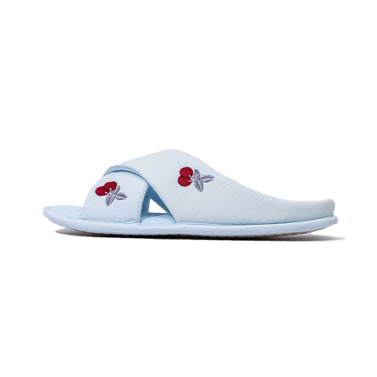 Side profile of blue cherry slippers showing cushioned sole - RoomDen
