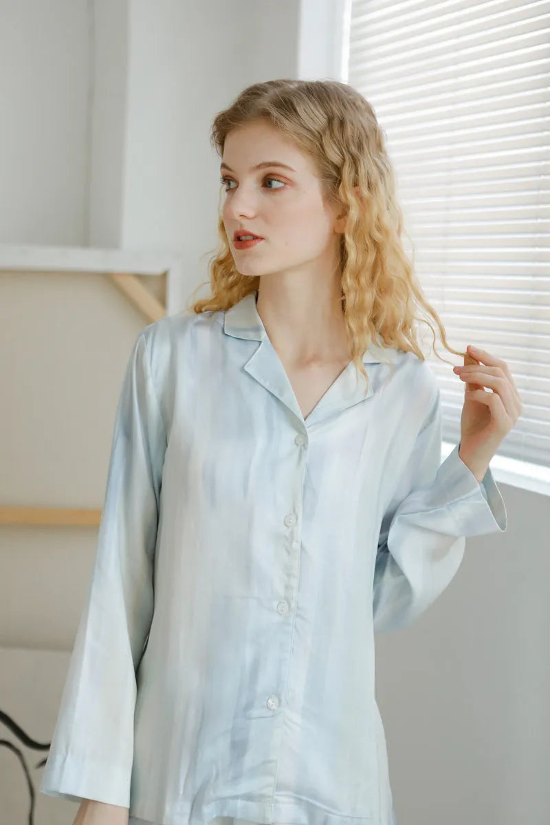 Blue Striped Cotton Sateen Pajama Set - RoomDen