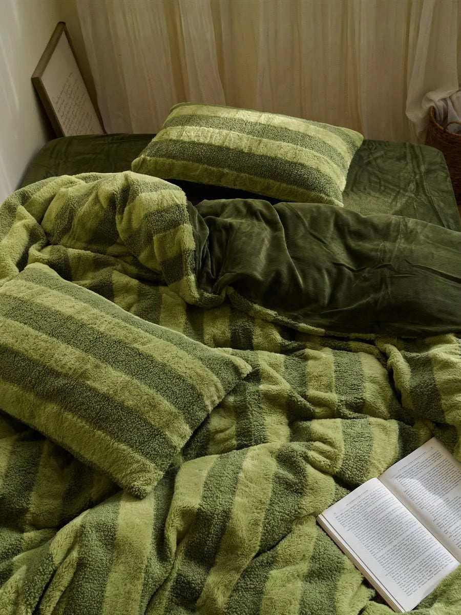 RoomDen Plush Wide Striped Flannel Fleece Bedding Set in Moss Green - Main View