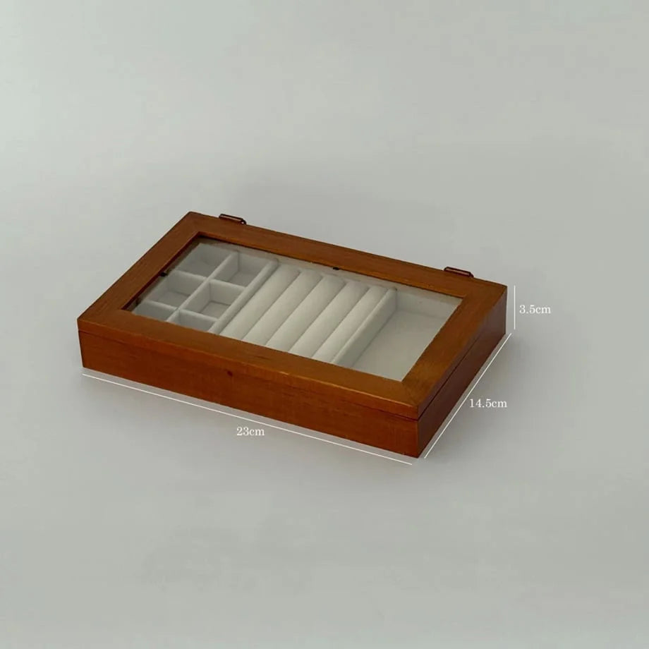 The wood jewelry organizer with dimensions shown: 23cm length, 14.5cm width, 3.5cm height.