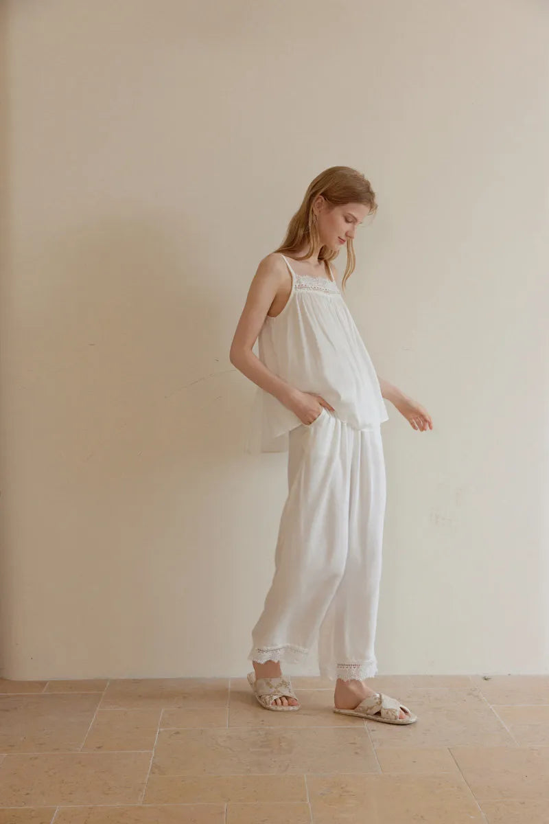 White Lace Trim Cotton Sateen Pajama Set Full Body View - RoomDen