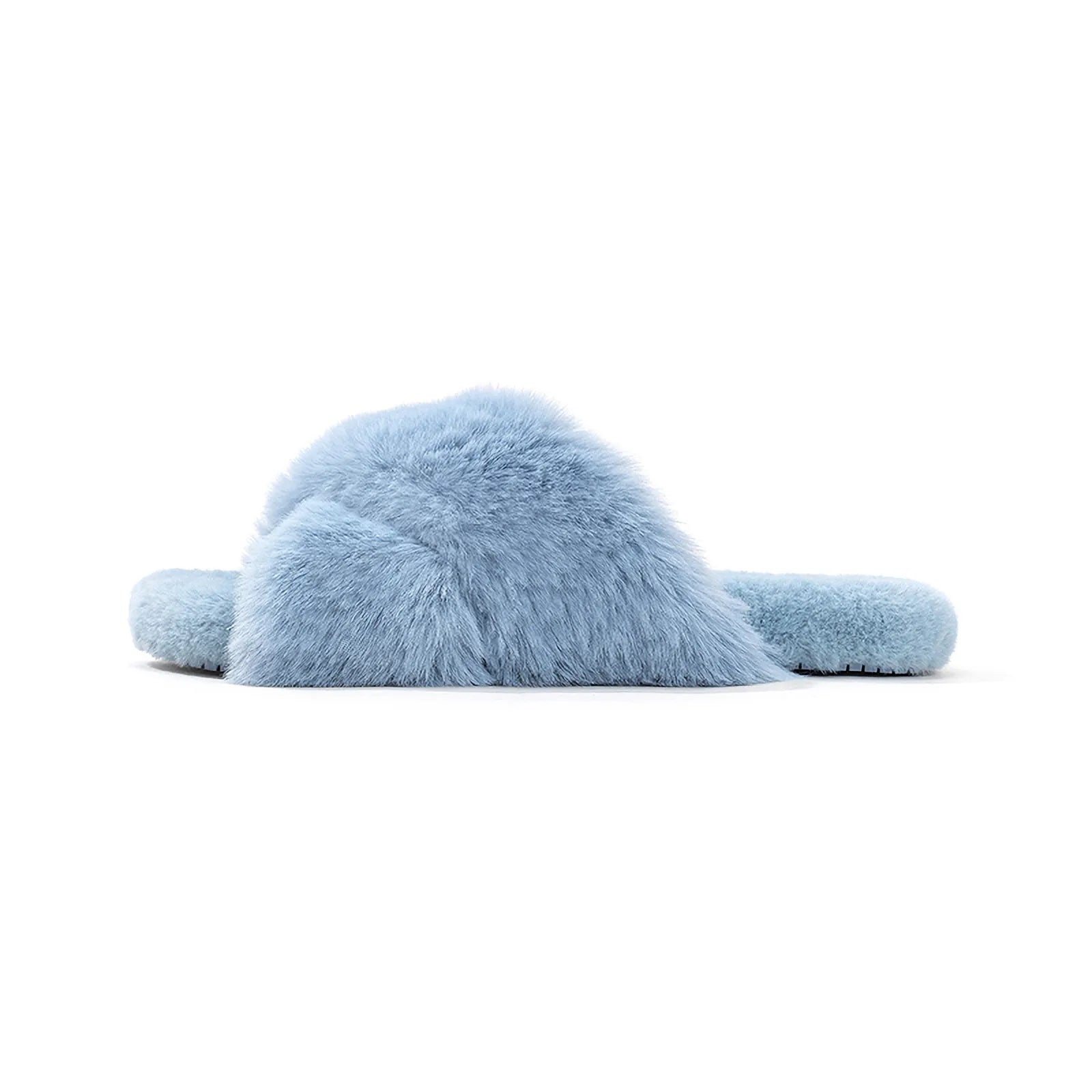 Side profile of blue faux fur slipper texture detail - RoomDen