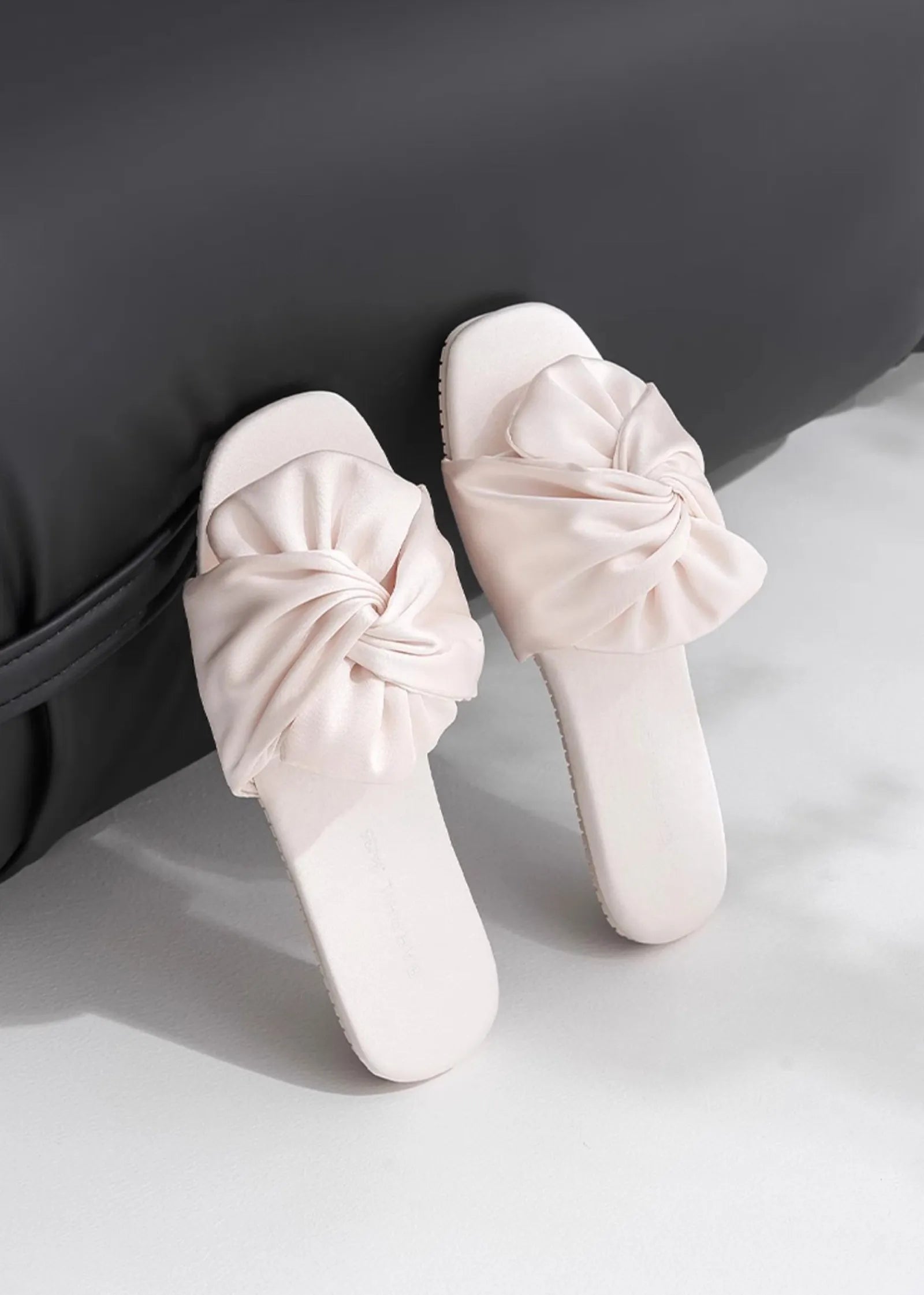 Top down view of Blush Pink Ruched Bow House Slippers - RoomDen