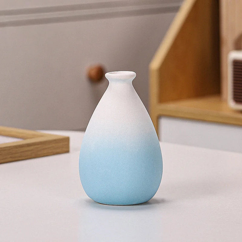 Blue Ombre teardrop-shaped frosted ceramic vase on a white surface - RoomDen.