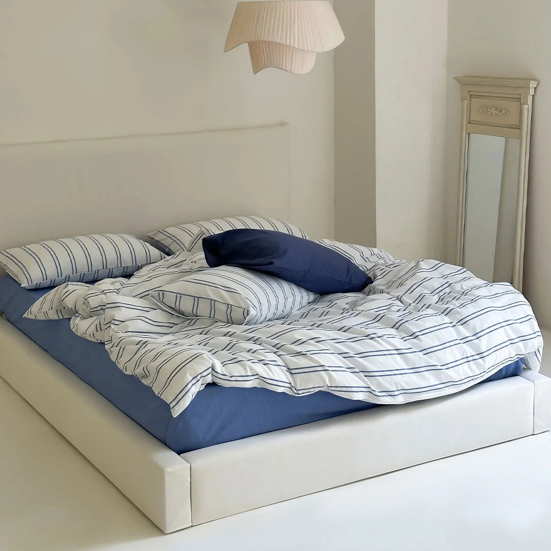 Messy Bed Look White Pinstripe Duvet Cover - Coastal Aesthetic