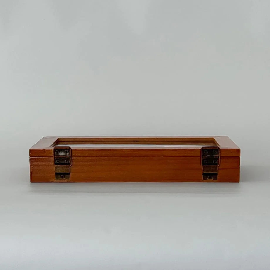 Back view of the wood jewelry box, highlighting the brass-colored hinges. - RoomDen