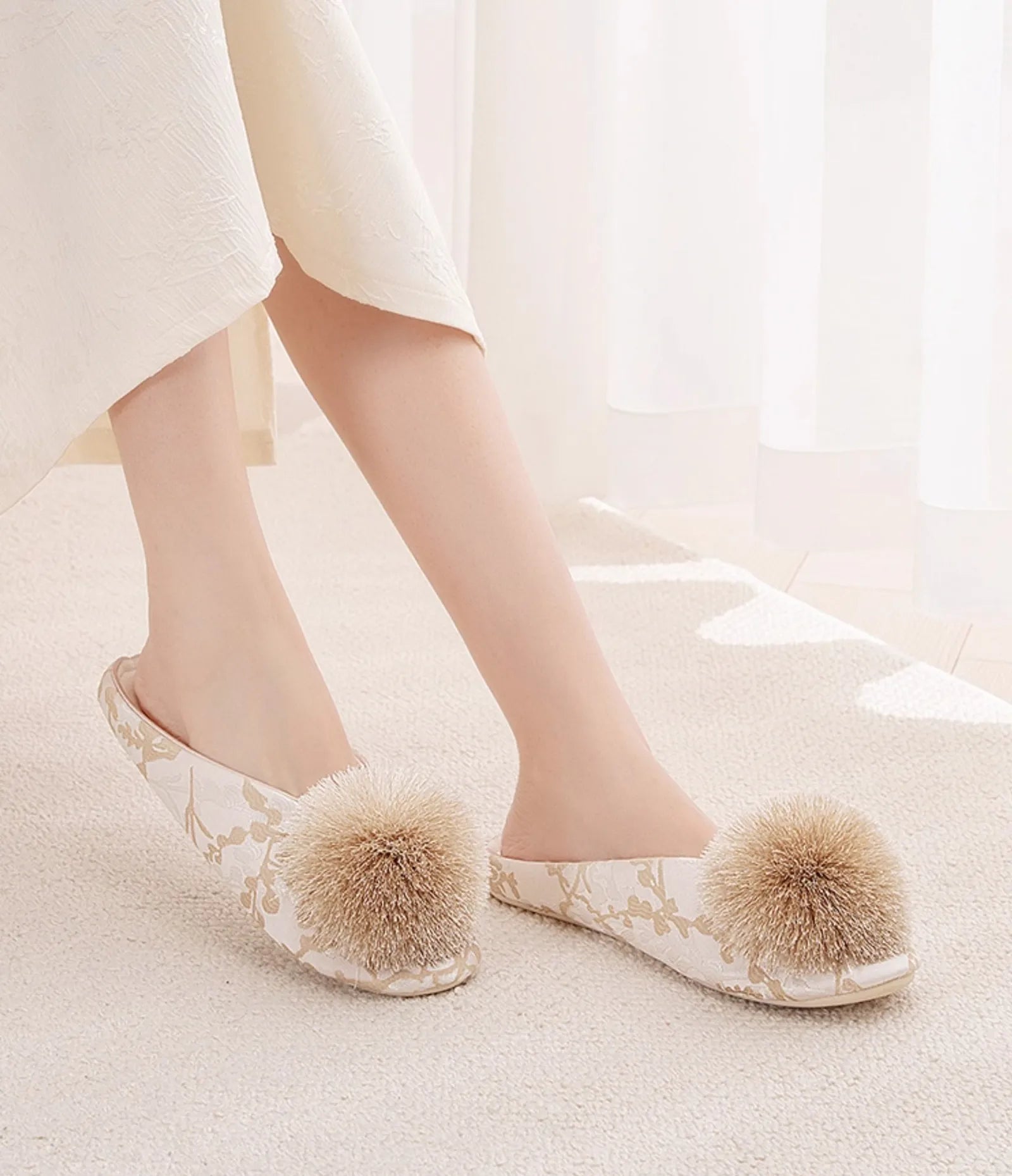White and beige floral cotton sateen slippers with beige pom-pom accent - RoomDen