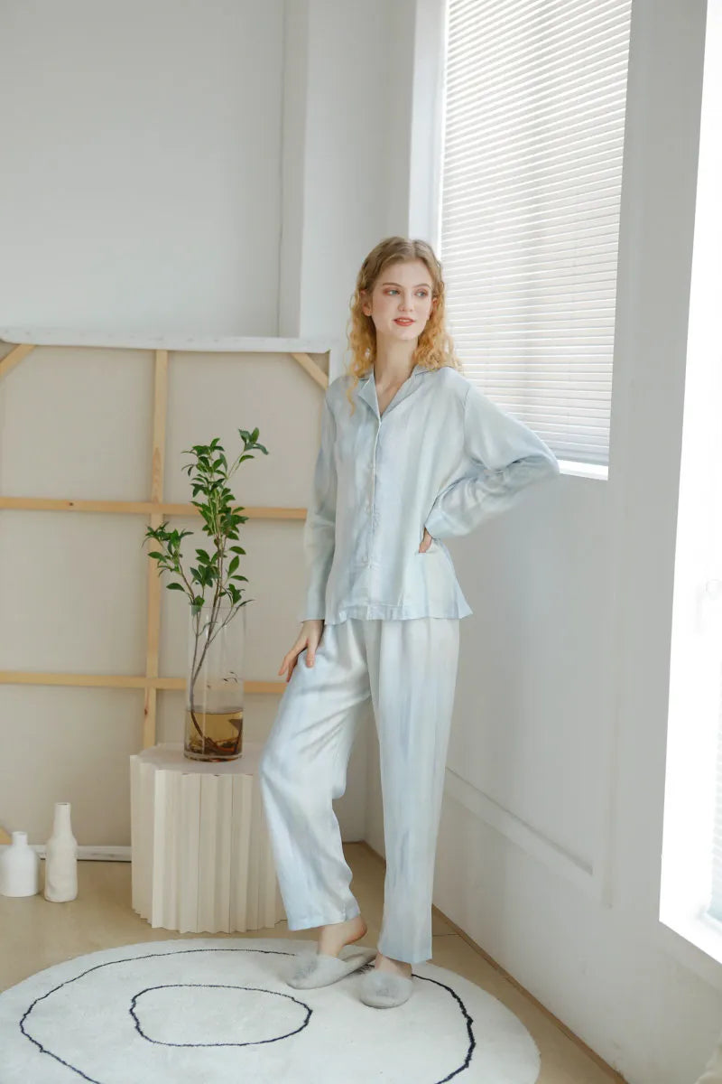 Full body shot of Blue Striped Cotton Sateen Loungewear in bright room - RoomDen
