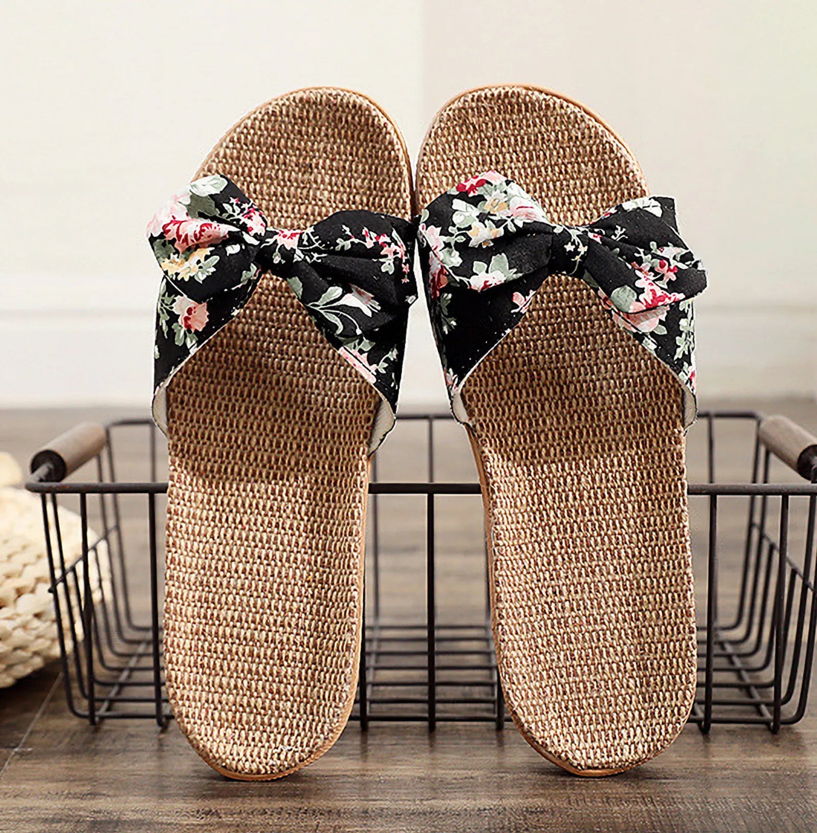 Top view of Black Floral Linen Slippers on wire basket - RoomDen