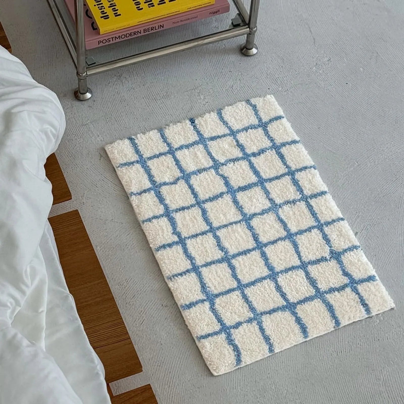 RoomDen Plush Tufted Checkered Grid Polyester Accent Rug - Blue Windowpane Pattern Main View