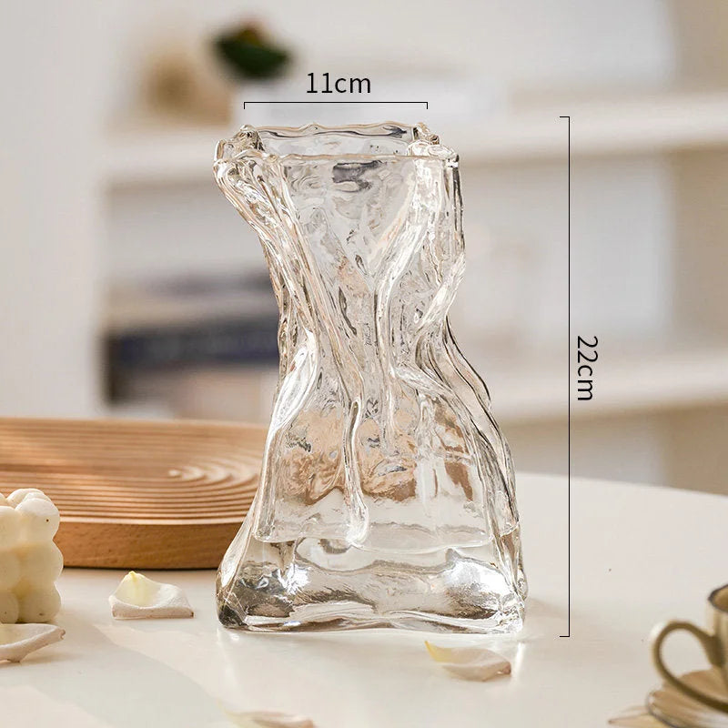 Front view of the large clear Sculptural Crumpled Glass Vase showing its dimensions of 11cm by 22cm.