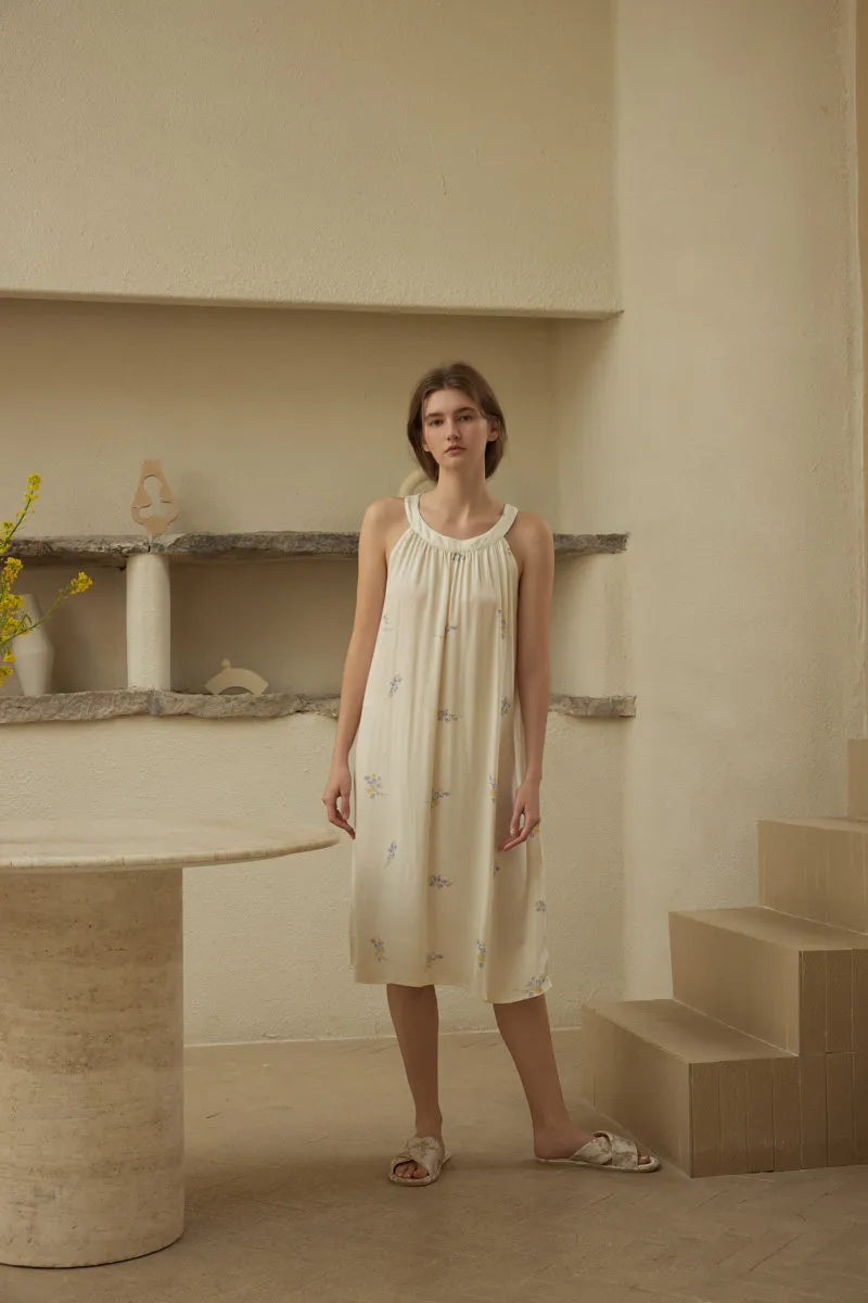 Front view of soft cotton sateen loungewear dress in cream color - RoomDen