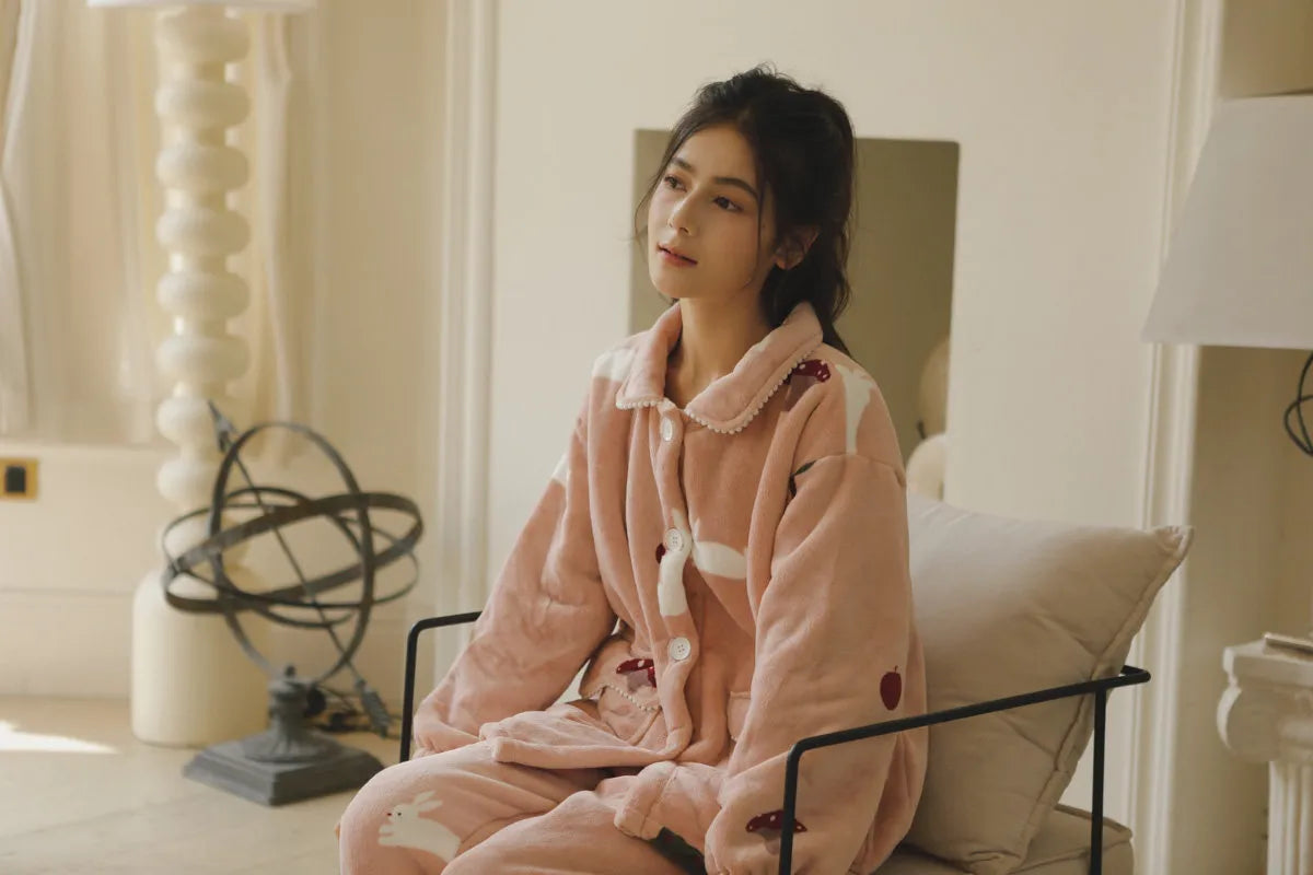 RoomDen Plush Rabbit & Mushroom Flannel Fleece Pajama Set - Cozy button-down detail