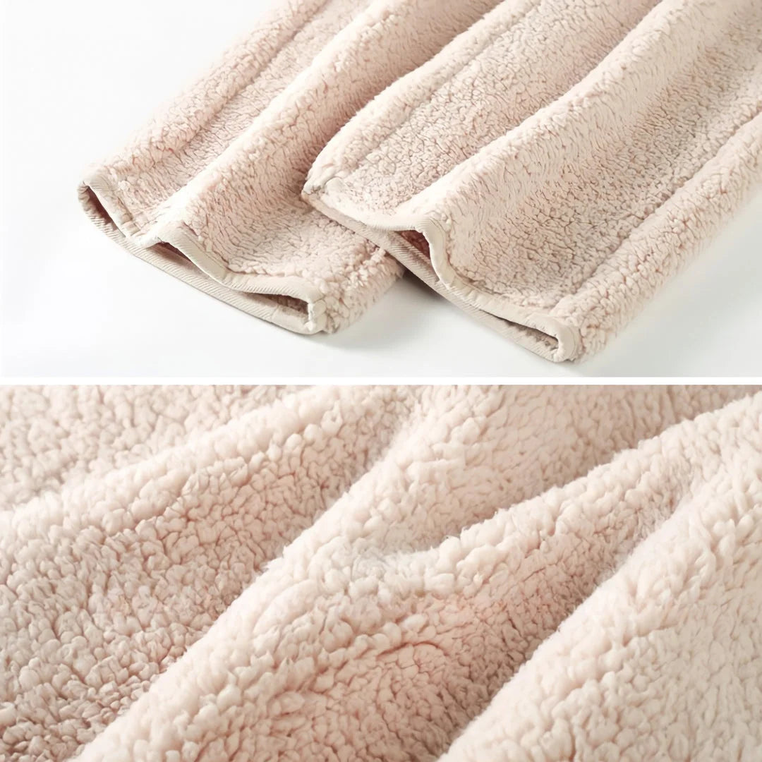 Macro shots showing the plush, textured material of the Creamy Beige Flannel Fleece Pajamas.