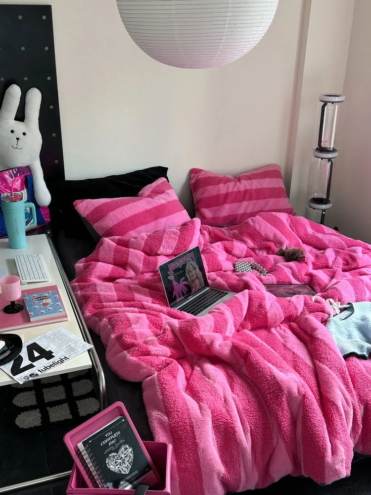 Hot Pink plush bedding styled with cute bunny and laptop for Kawaii vibe - RoomDen