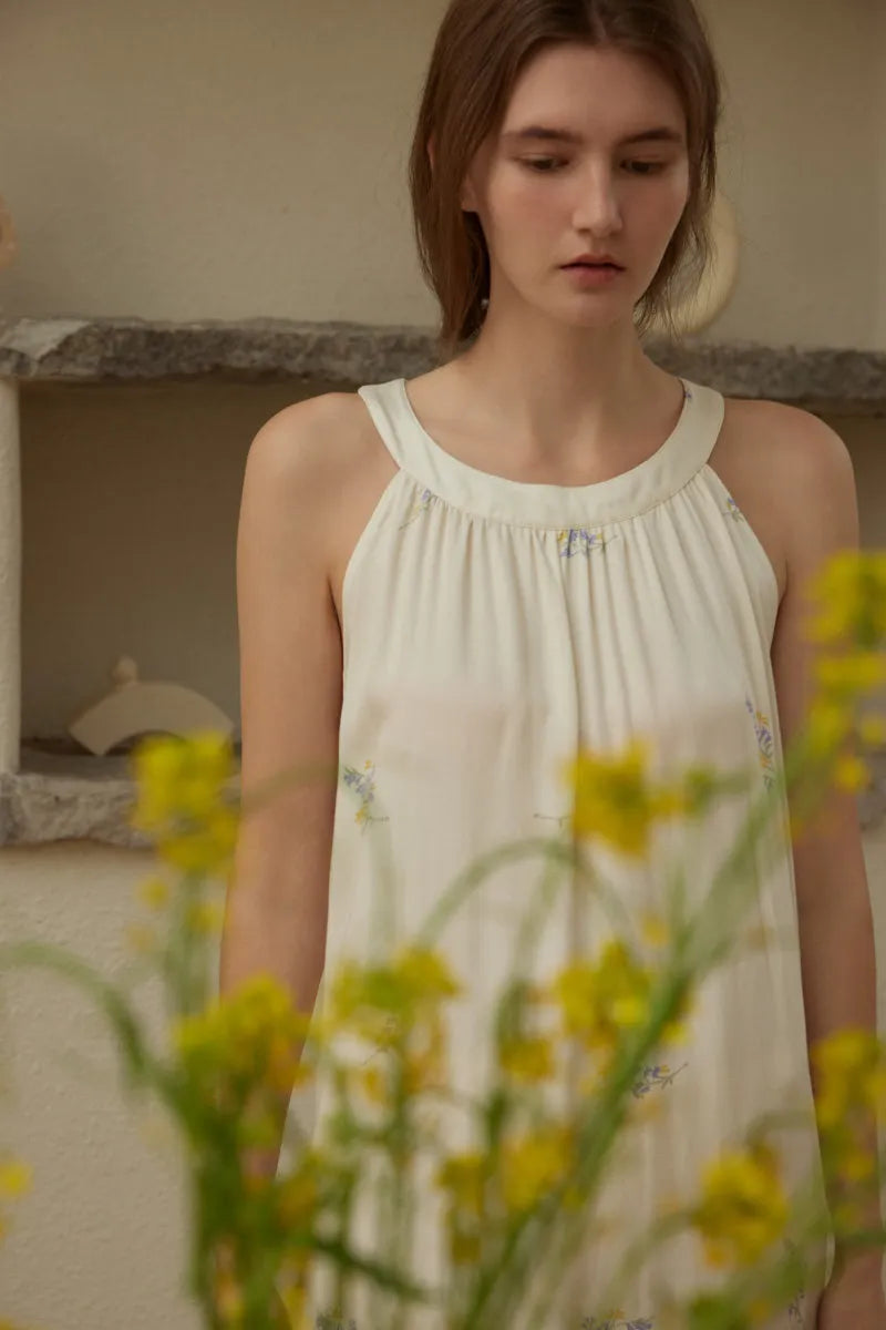 Silky Embroidered Floral Cotton Sateen Pajama Dress close up detail - RoomDen