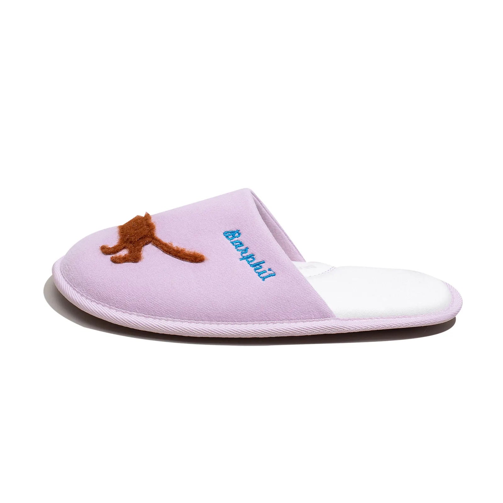 Side profile of lilac slipper showing embroidered dog tail and striped sweater detail