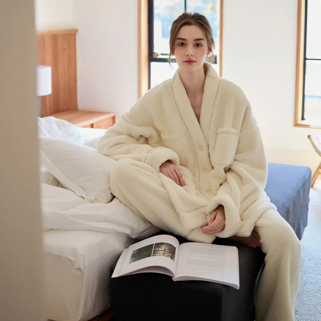 A woman sitting on a bed in a bright, modern room, wearing the cozy cream flannel fleece loungewear set - RoomDen.