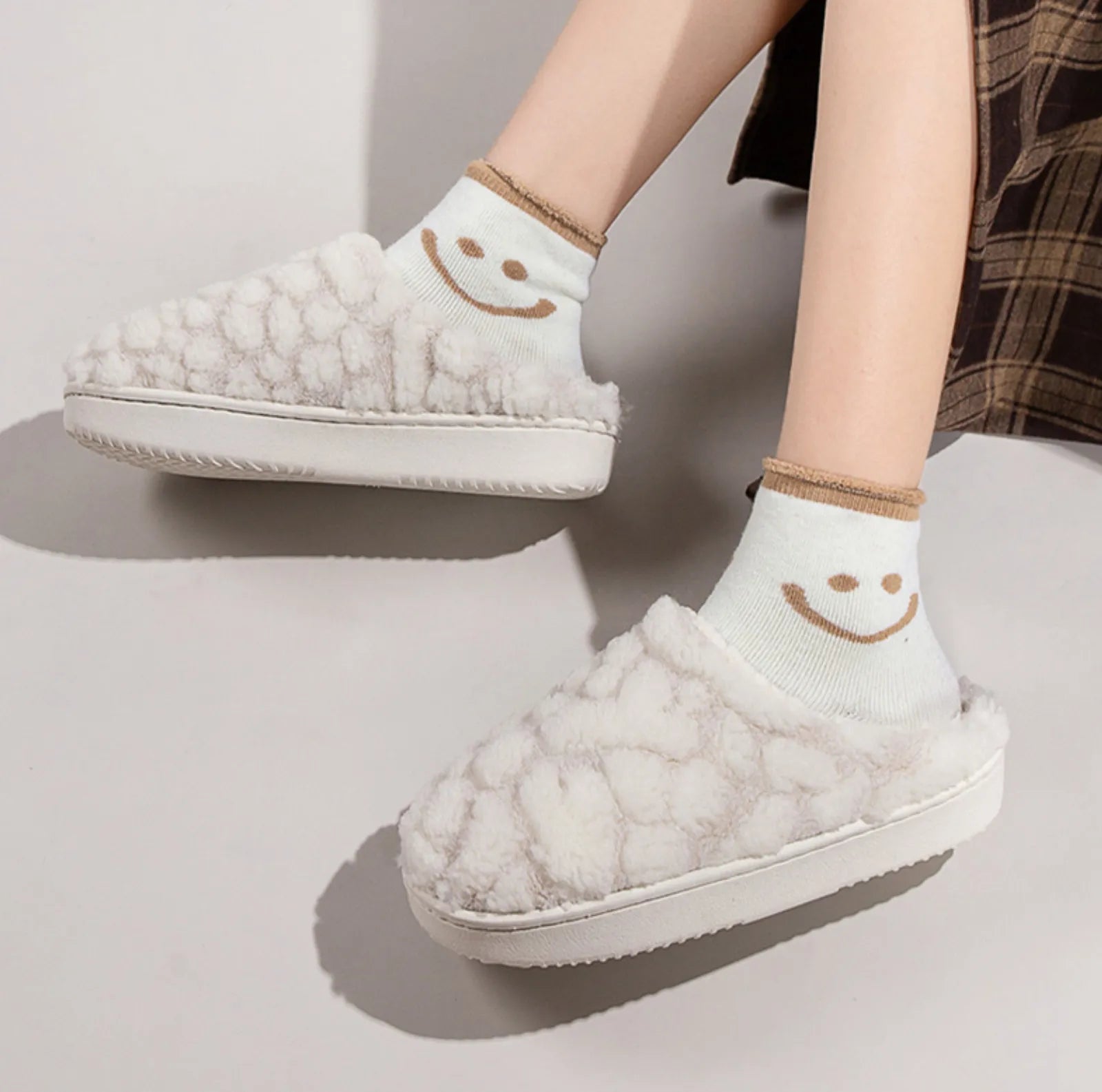 White Plush Bubble Textured Fleece House Slippers on model with smile socks - RoomDen