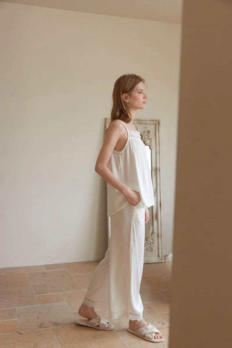 White Lace Trim Pajama Set Side Profile in Natural Light - RoomDen
