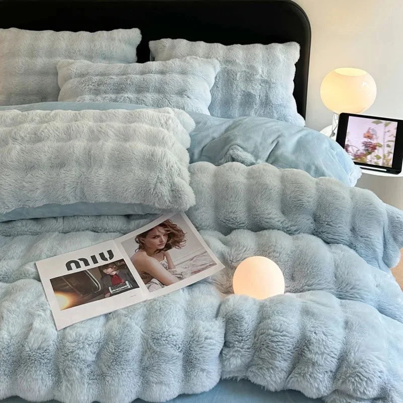Full view of the Sky Blue flannel fleece bedding set in a minimalist bedroom setting. - RoomDen