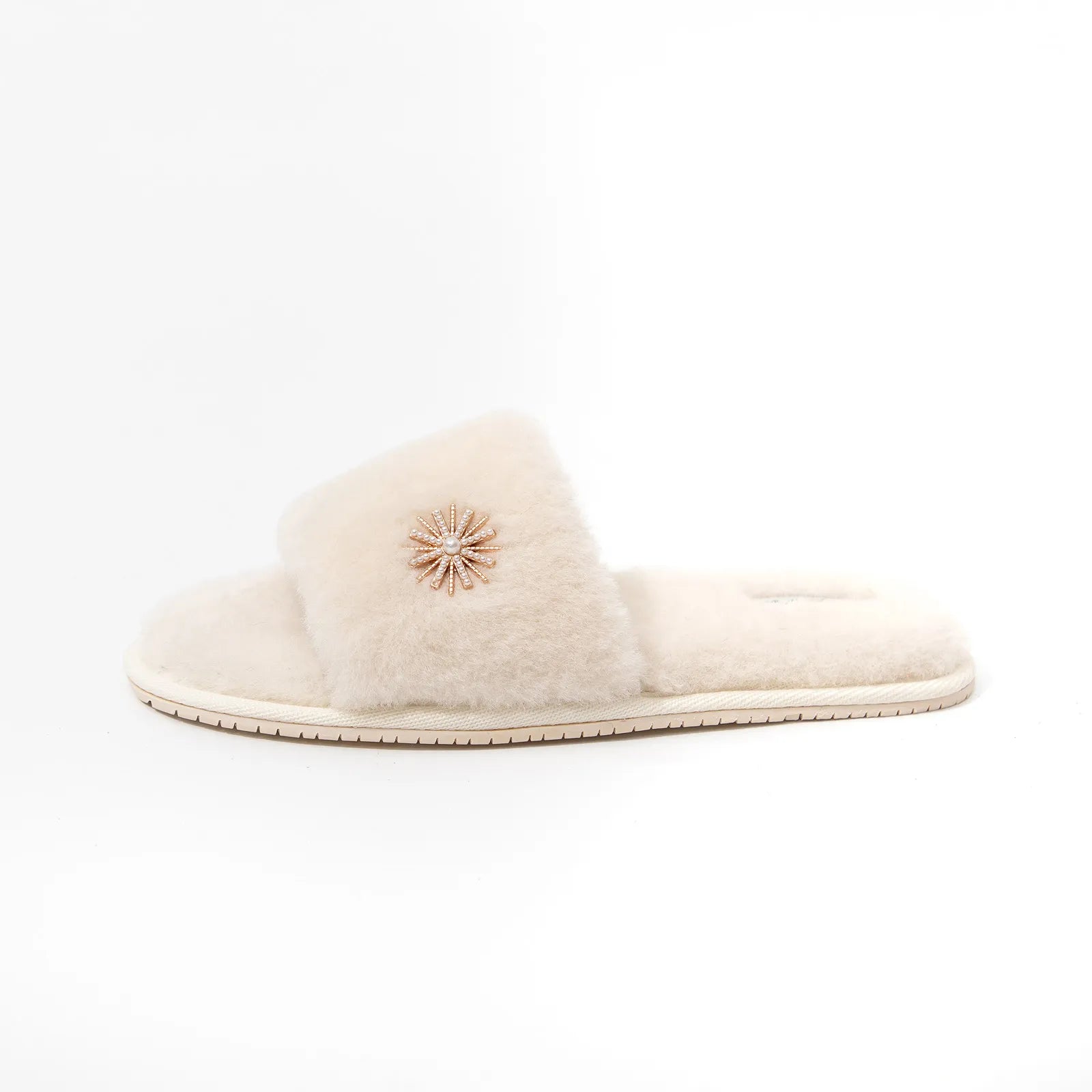Profile view of Beige Fuzzy Slippers with Pearl Flower - RoomDen