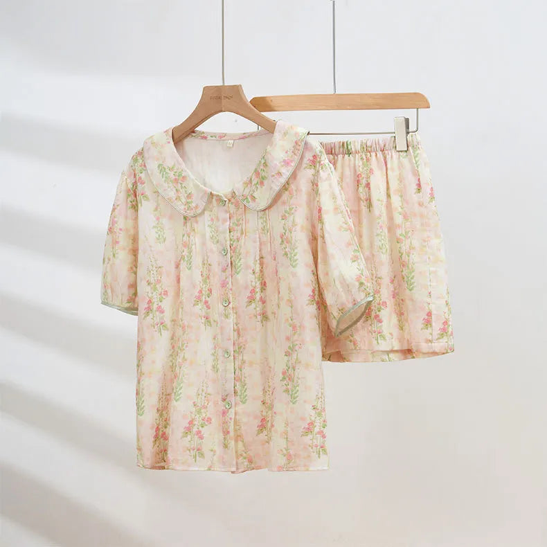 RoomDen Soft Pink Floral Washed Cotton Pajama Set with Peter Pan collar and ruched chest detail - Front View
