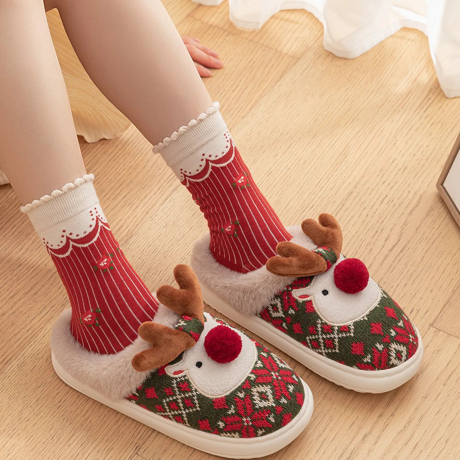 Green Reindeer Jacquard Knit House Slippers Main View - RoomDen