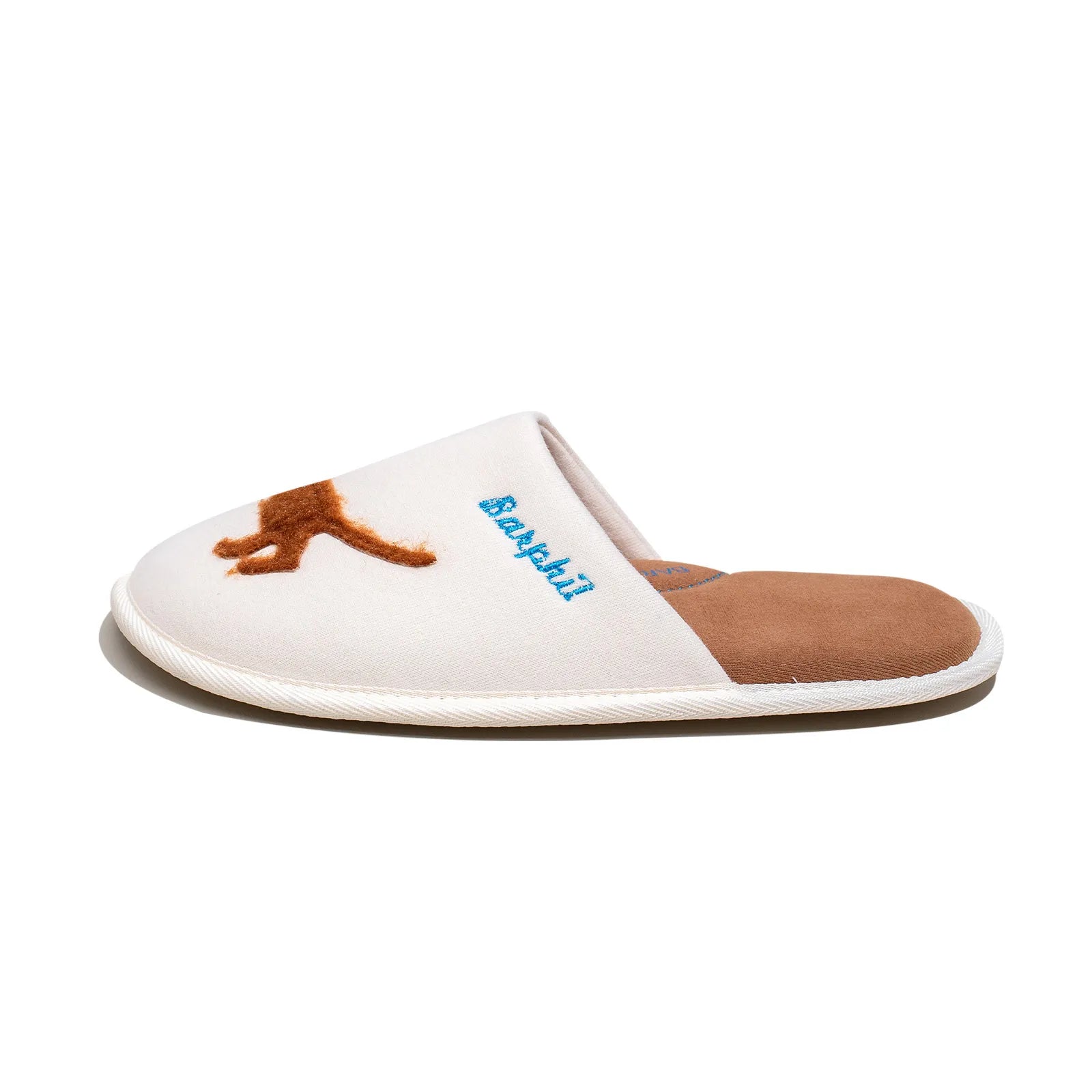 Side profile of white slipper showcasing the brown dachshund embroidery and soft upper material