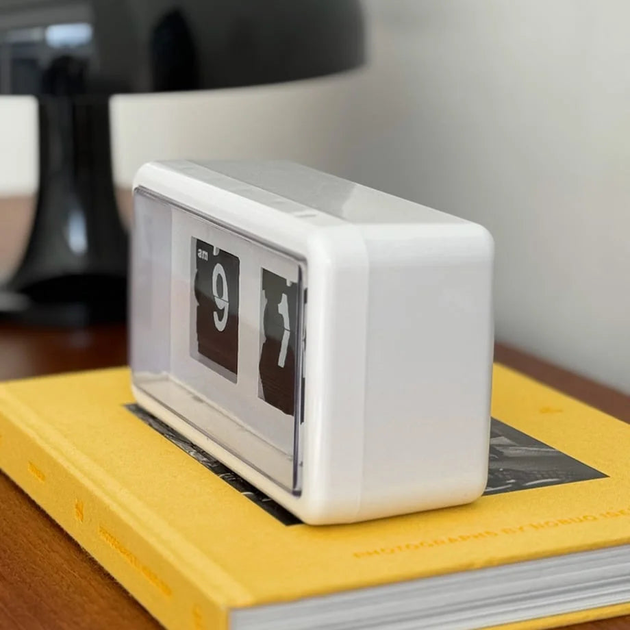 Side profile close-up of the white ABS flip clock, highlighting its smooth finish. - RoomDen