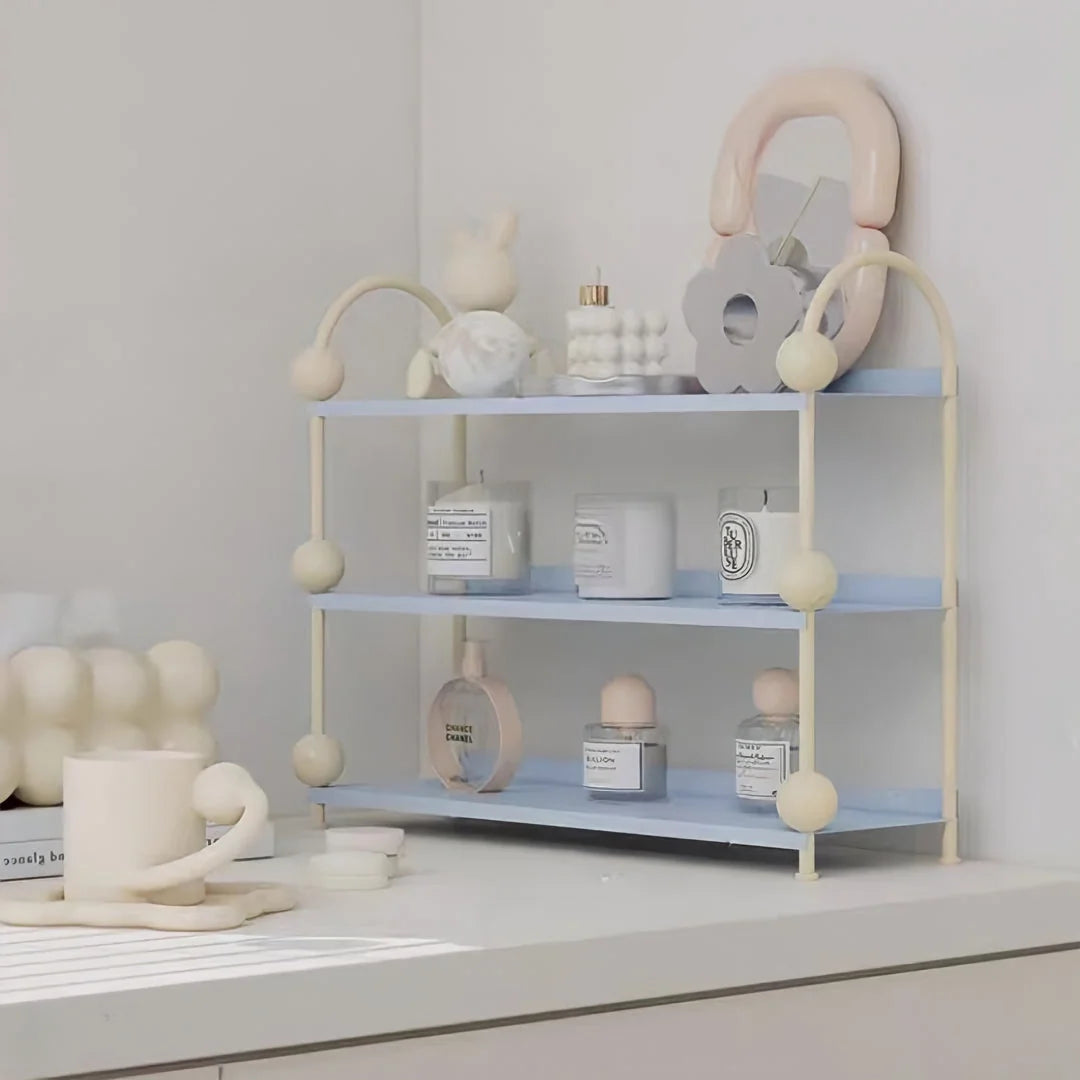 Close-up of the Sky Blue & Cream desk shelf with cute decor items, highlighting its whimsical style - RoomDen.