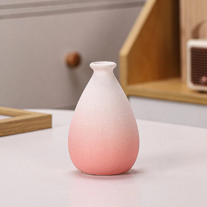 Pink Ombre teardrop-shaped frosted ceramic vase on a white surface - RoomDen.