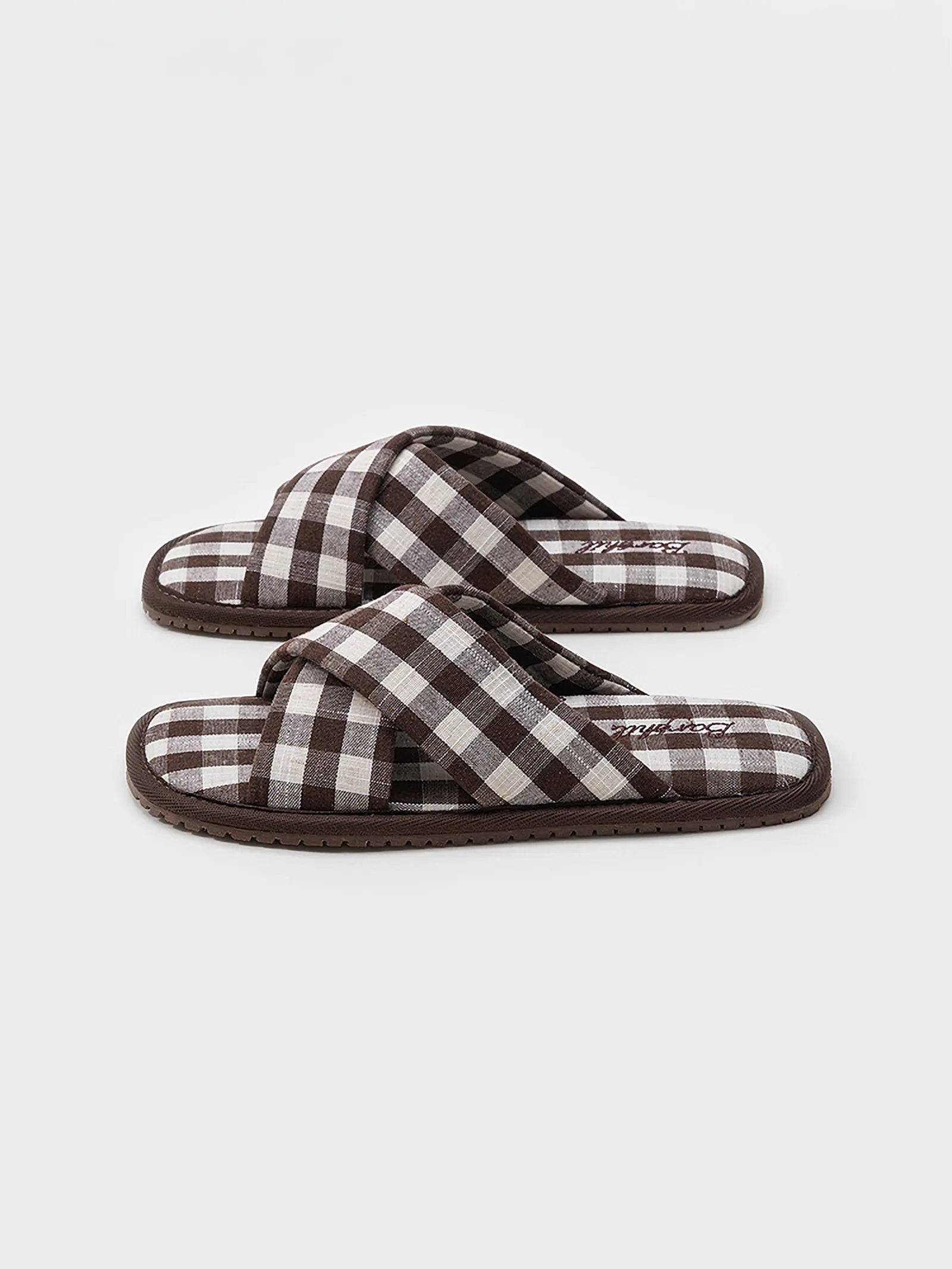 Close up of Brown Gingham Cotton Slippers showing Barshil label and insole texture - RoomDen