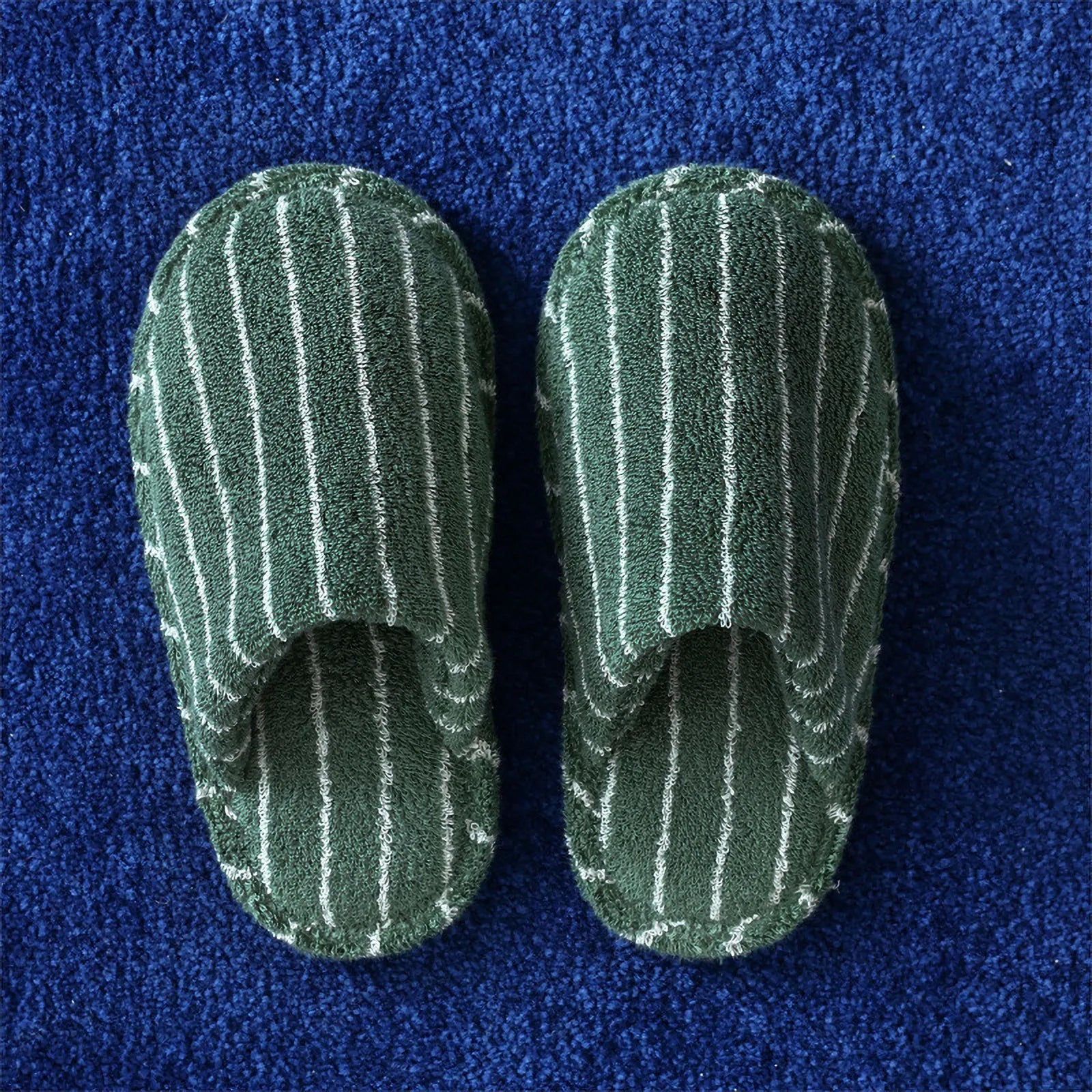 Top view of Green and White Striped soft terry slippers